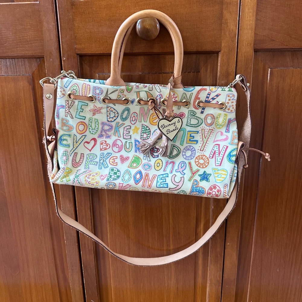 VTG Dooney & Bourke Multicolor Doodle Satchel with Tan Trim